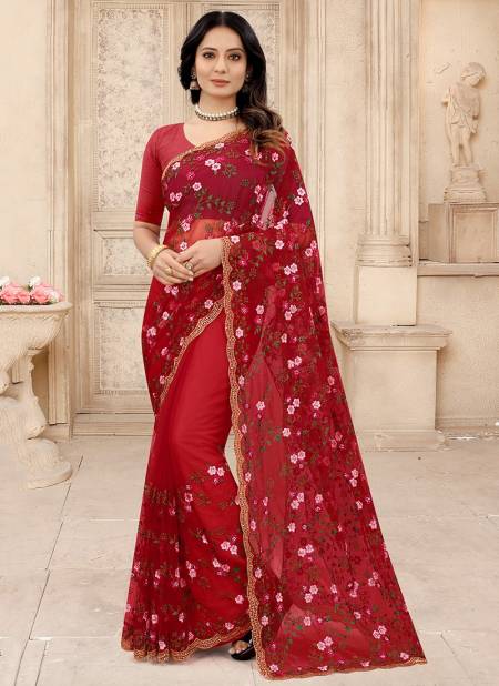 Red Colour SENSATIONAL New Fancy Party Wear Heavy Net Embroidered Saree Collection 1243
